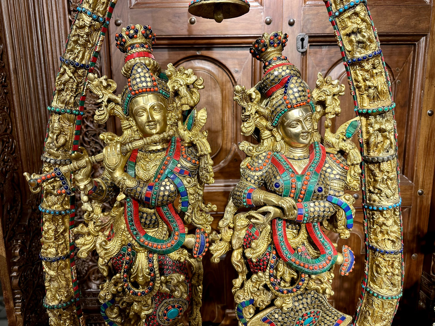 Brass RadhaKrishna with Tusks Stonework 45"