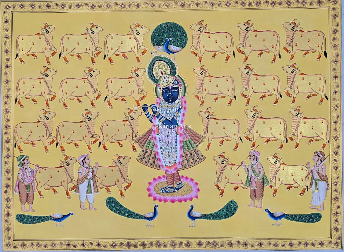Shrinathji with Cows Pichwai Painting | Yellow Background | 3x4 ft