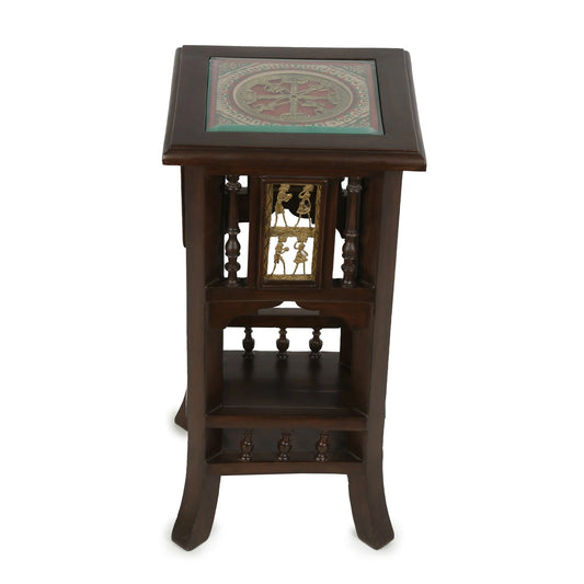 Nyra Premium Teakwood Planter Stand – 24-Inch Tall Accent Table with Warli & Dhokra Art
