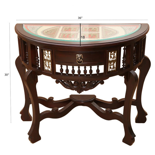 Awadh Solid Teakwood Console Table – 36-Inch Traditional Walnut Finish Foyer Table with Dhokra Metalcraft and Hand-Painted Art