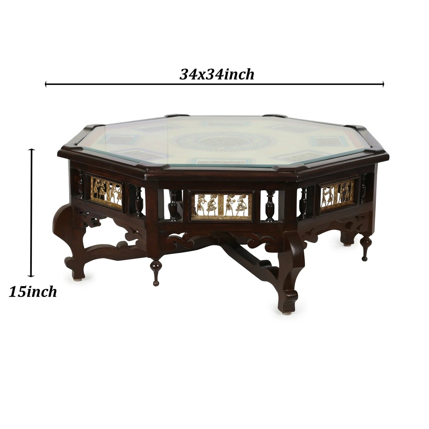 Nube Solid Teakwood Octagonal Coffee Table – 34-Inch Traditional Walnut Finish Center Table with Dhokra Metalcraft and Hand-Painted Art