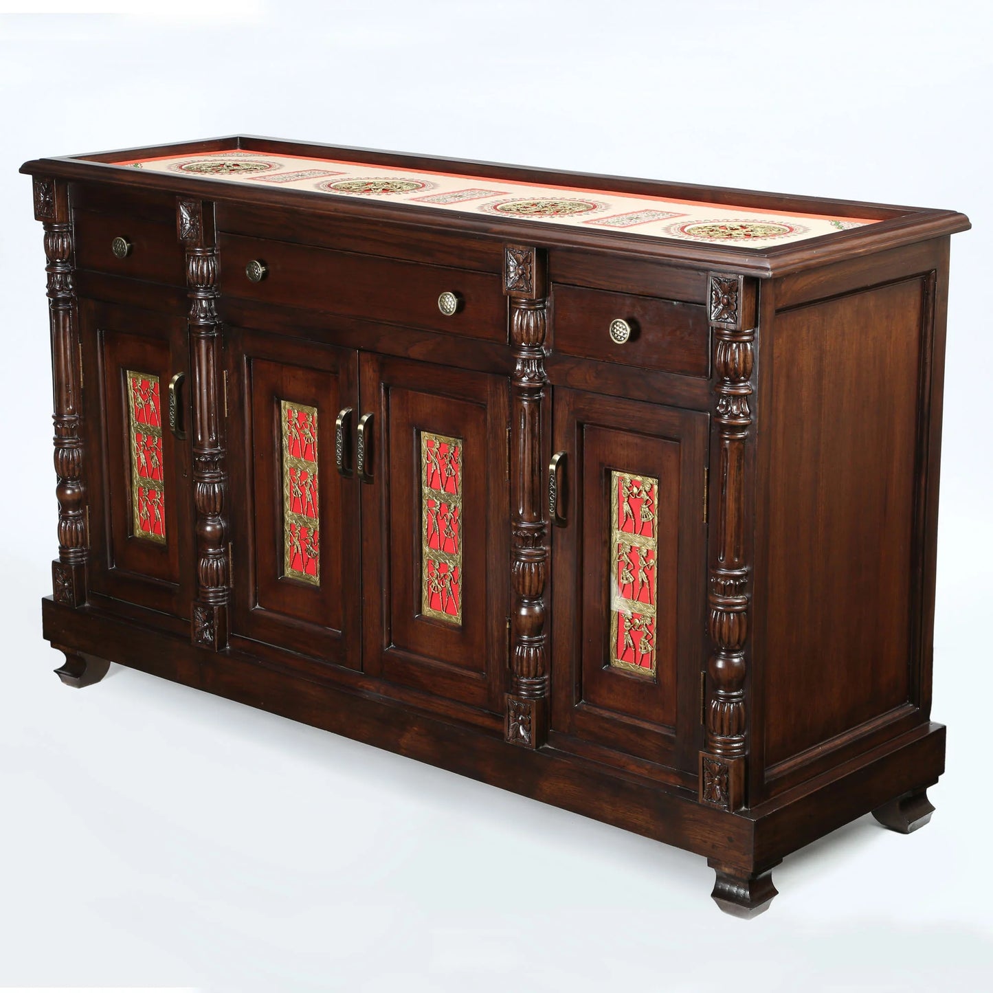 60-Inch Frio Teakwood Sideboard – Walnut Finish Buffeteria with Dhokra Brass Panels