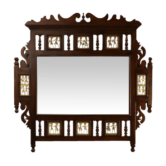 Soumya Solid Teakwood Wall Mirror – 36x36 Inch Traditional Walnut Finish Statement Mirror