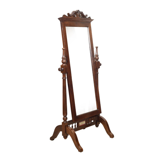 Niharika Solid Teakwood Full-Size Standing Mirror – 73-Inch Traditional Walnut Finish Chevalier Mirror with Carved Crown and Dhokra Art Accent