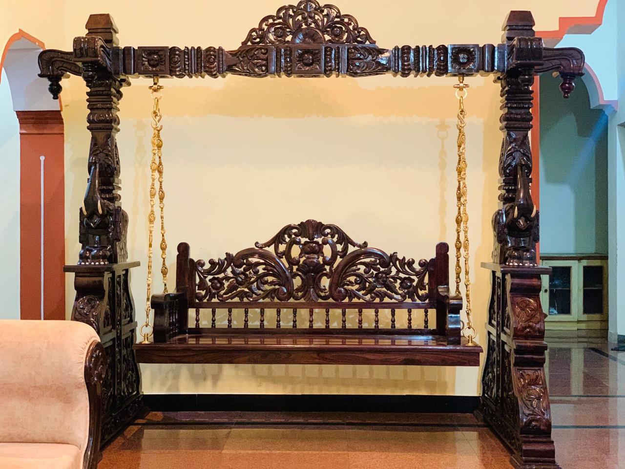 Rosewood Swing/Jhula/ Oonjal | Intricate Carvings| 7x7 ft | Pillars