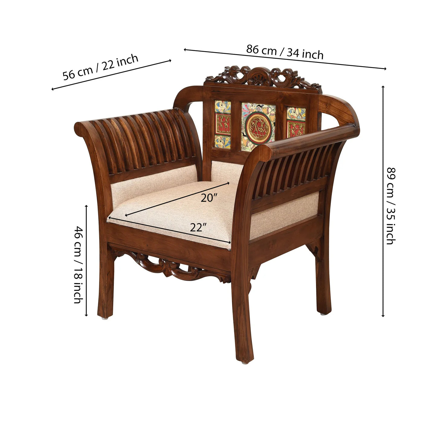 Alpa Premium Teakwood Single Sofa – Handcrafted with Dhokra Brass & Madhubani | Walnut Finish