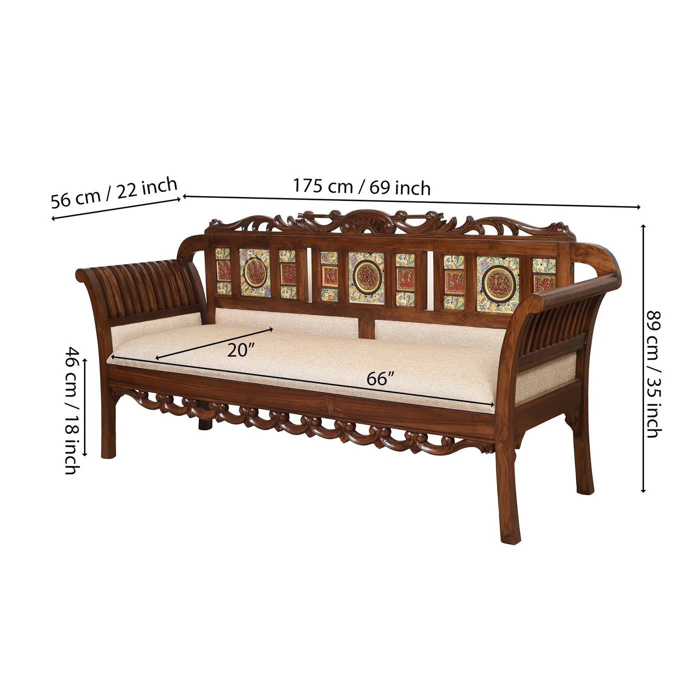 Alpa Premium Teakwood 3 Seater Sofa – Handcrafted with Dhokra Brass & Madhubani Art