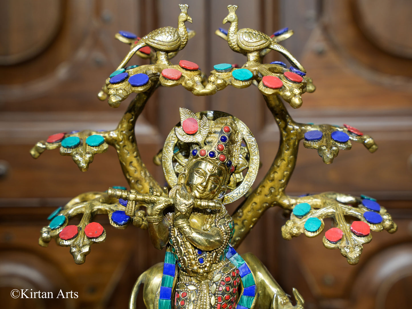 Brass Cow Krishna with Tree 12"