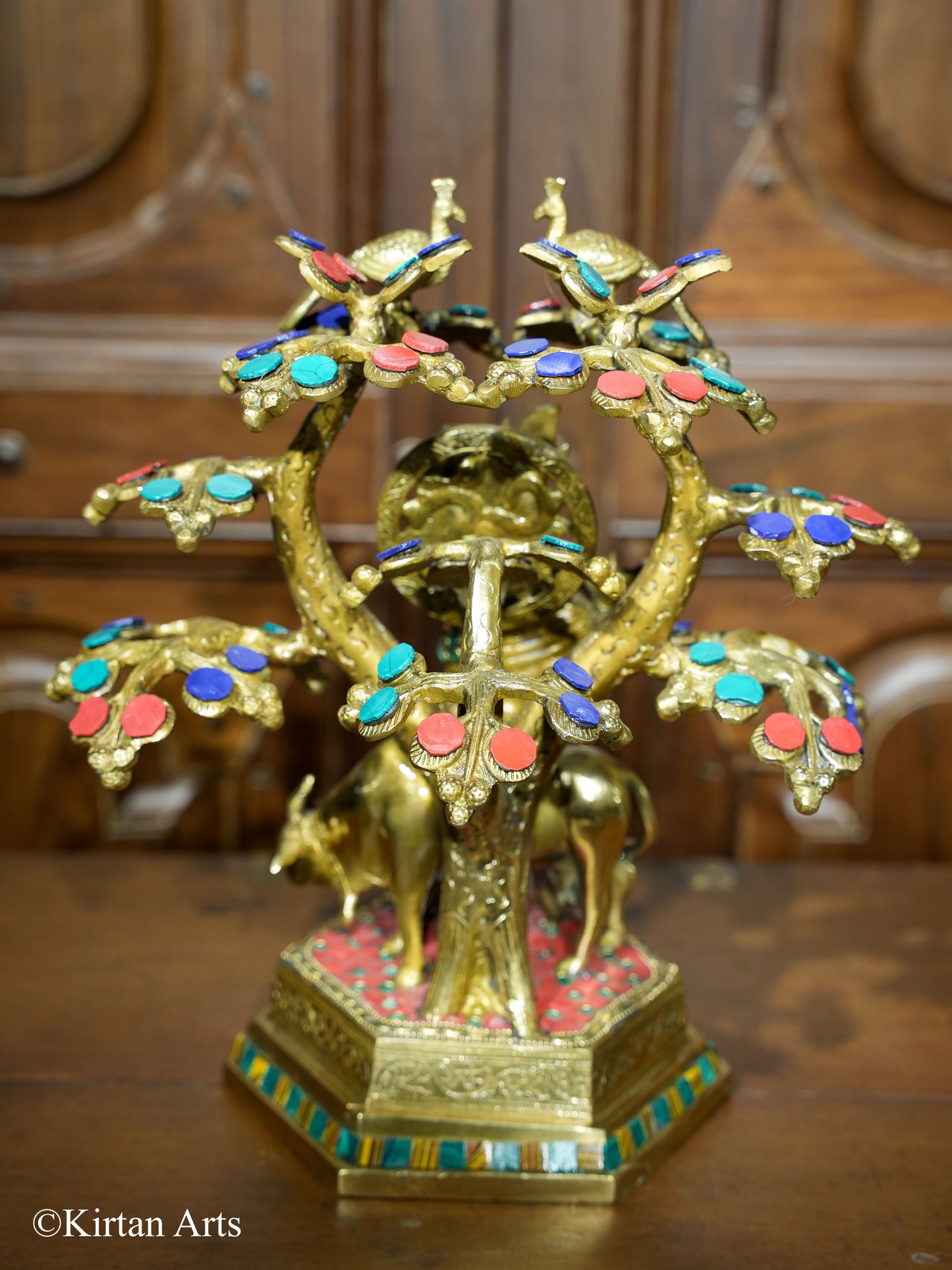 Brass Cow Krishna with Tree 12"