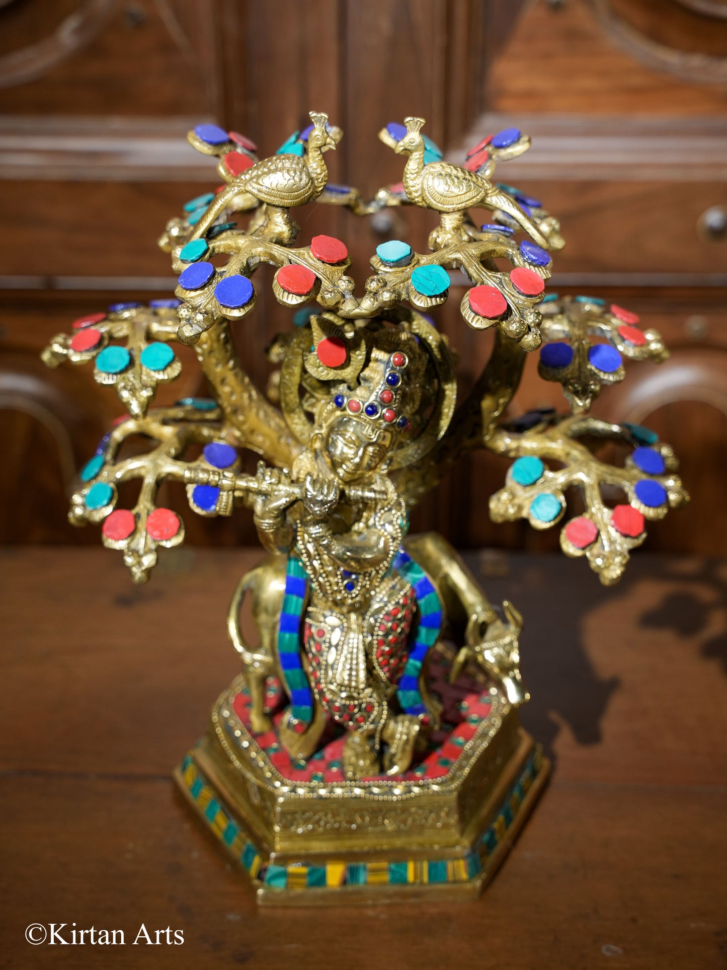 Brass Cow Krishna with Tree 12"