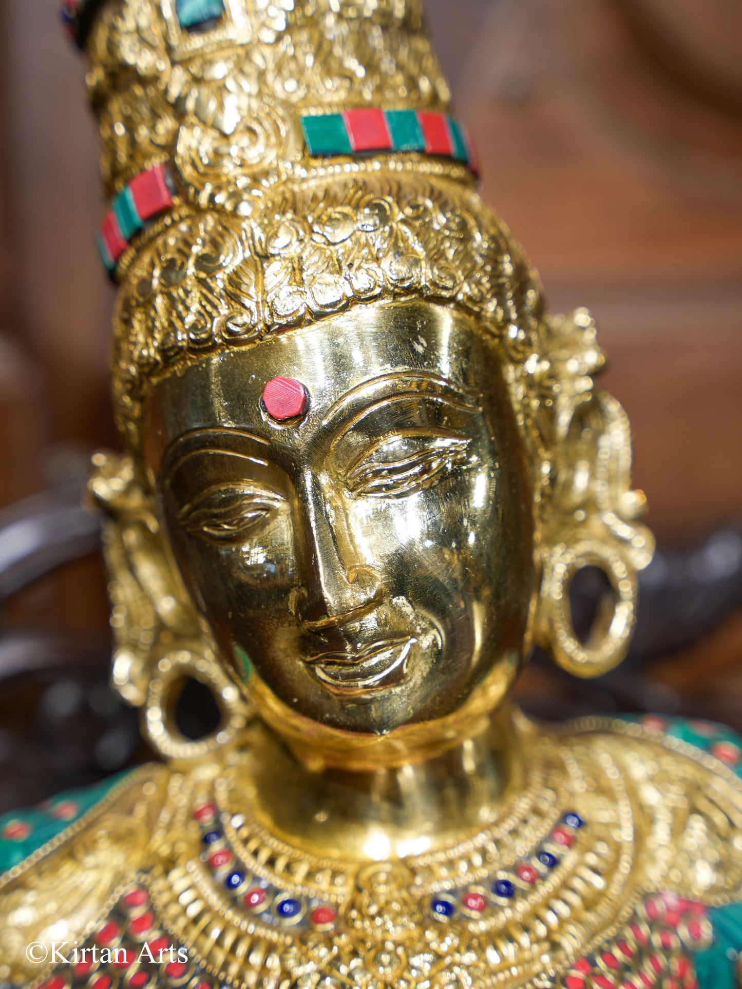 Brass Parvati Bust with stonework 12"