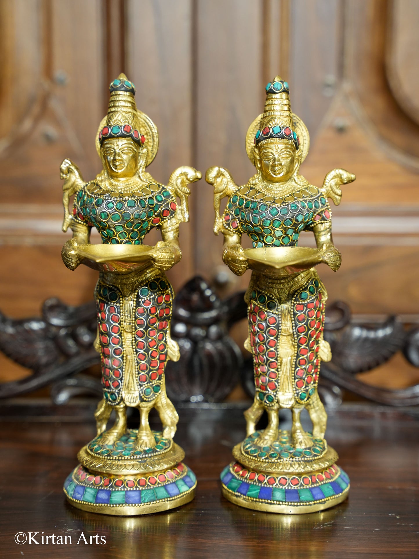 Brass Deep Lakshmi Pair Stonework 10.5"