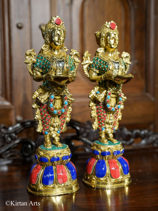 Brass Deep Lakshmi Pair Stonework 13"
