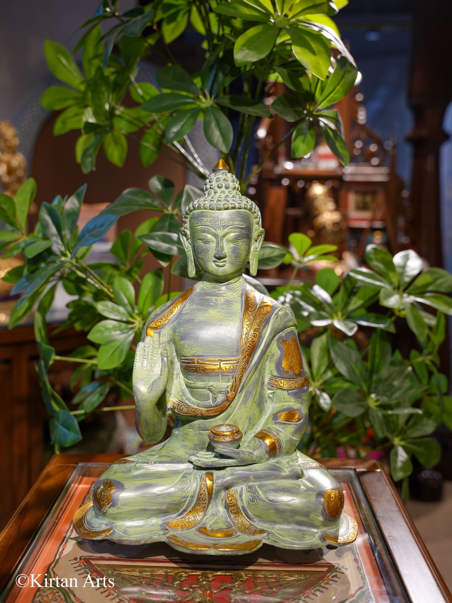Brass Buddha Green Gold Antique 13"