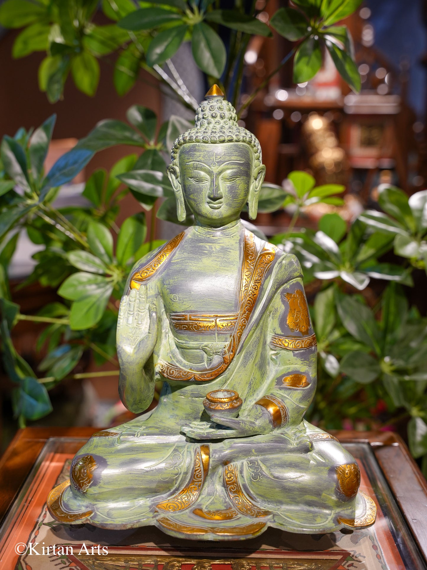 Brass Buddha Green Gold Antique 13"