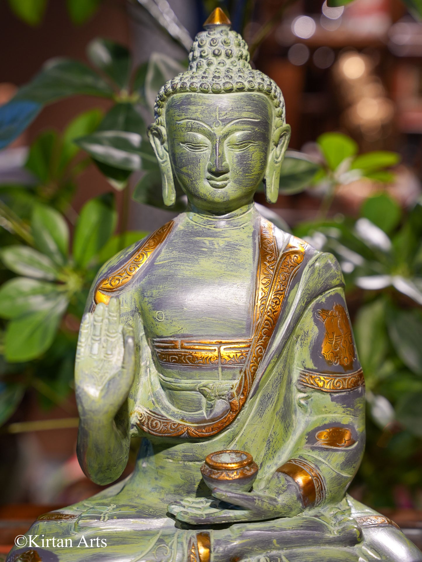 Brass Buddha Green Gold Antique 13"