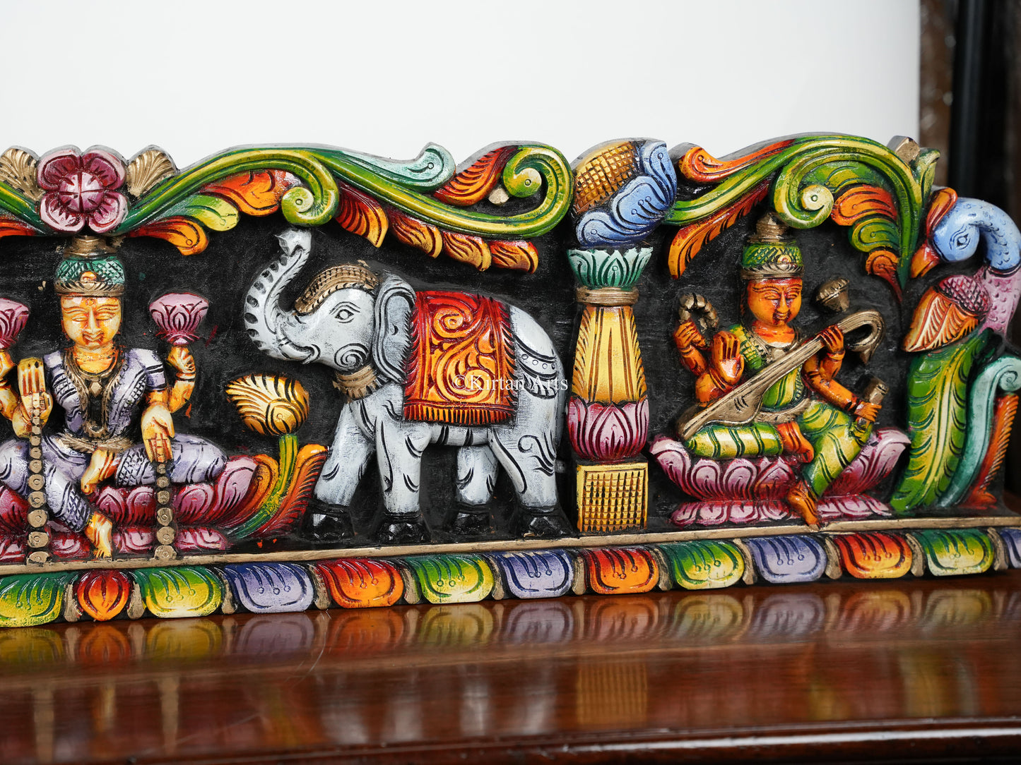 48" Gaja Lakshmi Wooden Panel with Ganesha and Saraswati | Hand Carved
