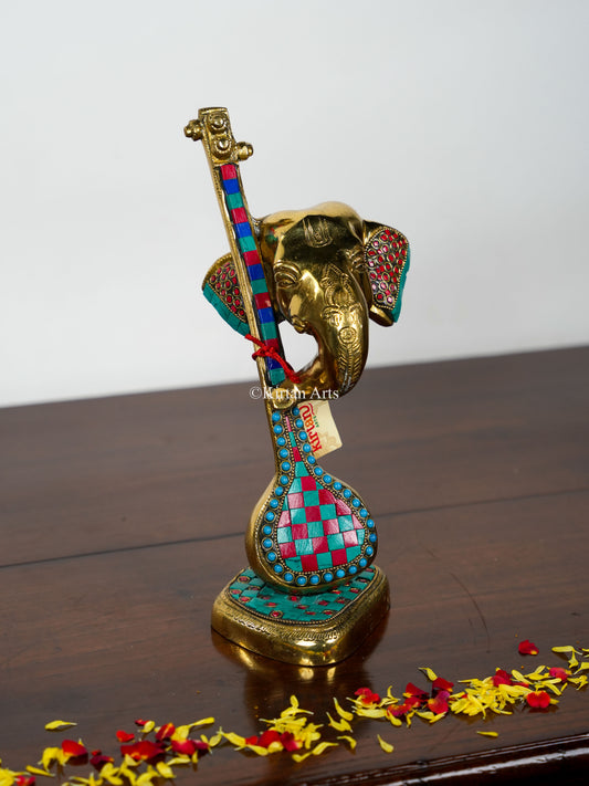 Brass Ganesha with Sitar | 12" | Stonework