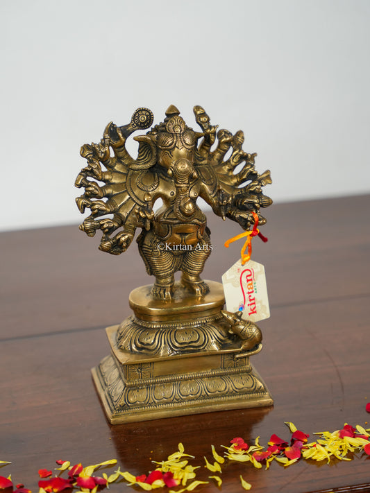 Brass Ganesha | 16 Hands | 8.5" | Antique Finish