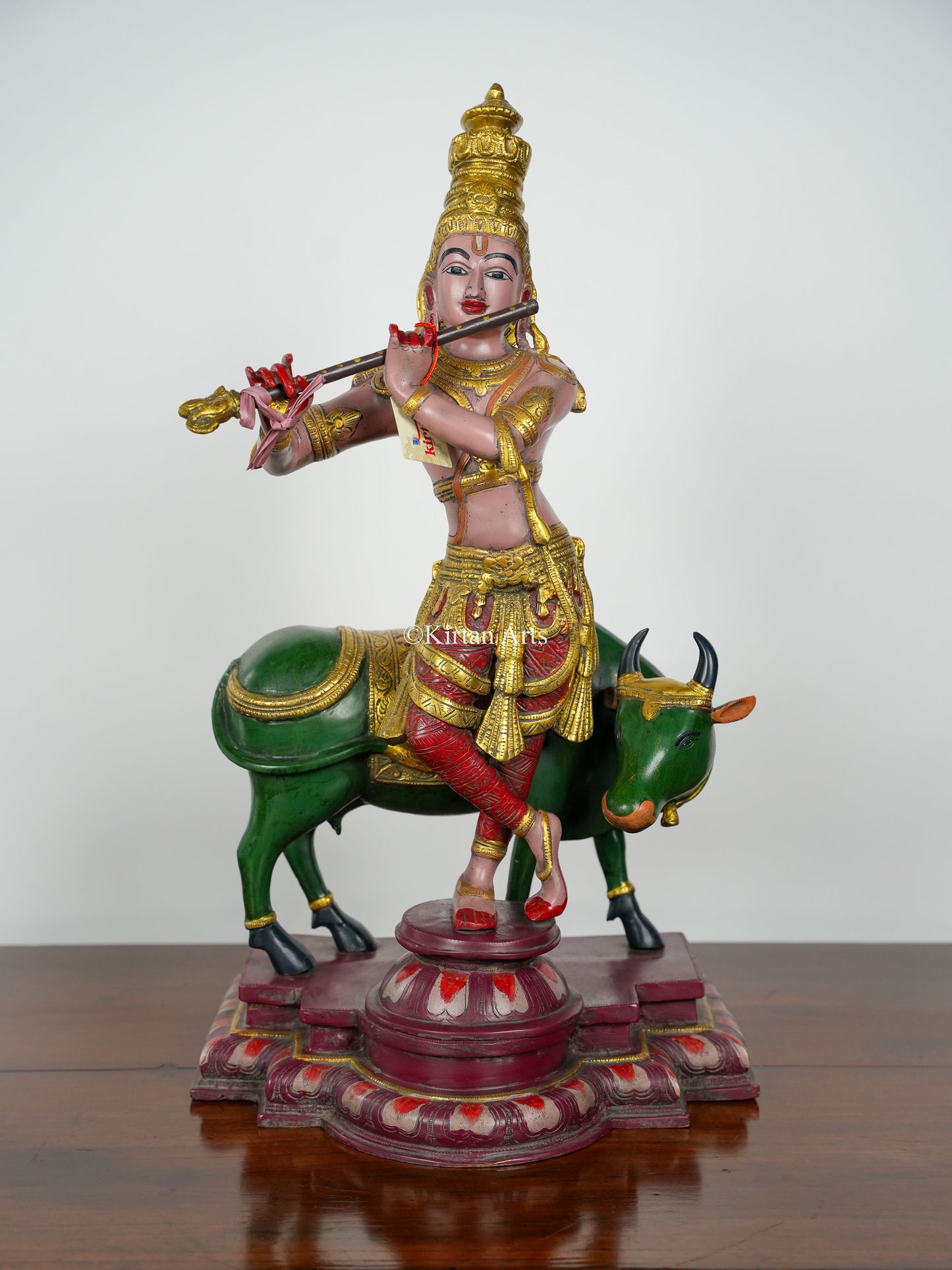 Brass Lord Krishna with Cow | Hand Painted | 25"