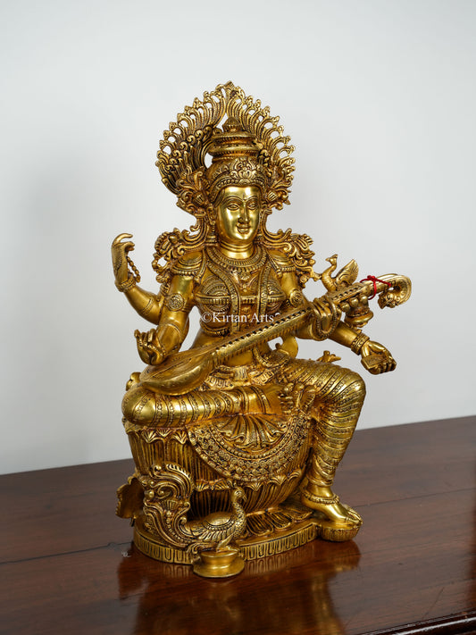 Majestic Goddess Saraswati Brass Statue | Super Fine | 24.5"