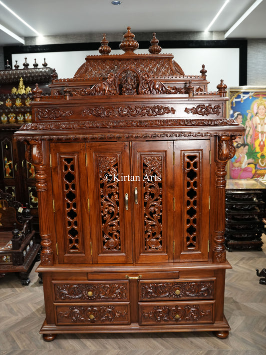 Teakwood Carved Puja Mandir | Doors and Storage | 7x4x2 ft