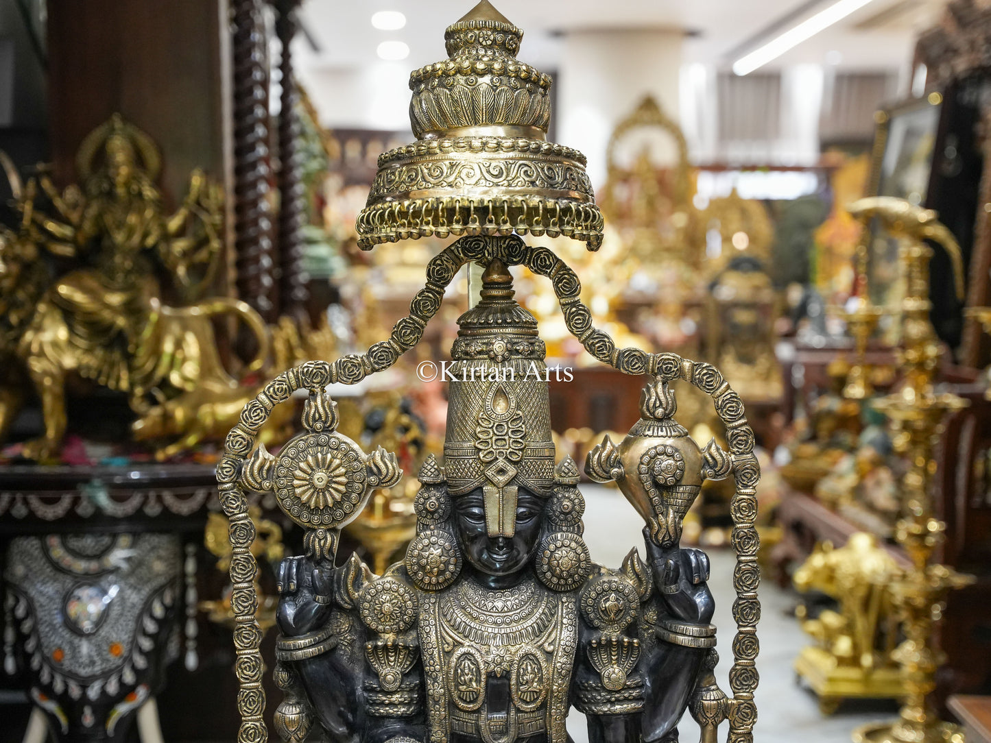 57" Large Brass Lord Tirupati Balaji Idol with Chatra | Black Gold Finish | 56 kg | Venkateswara Swamy (Copy)