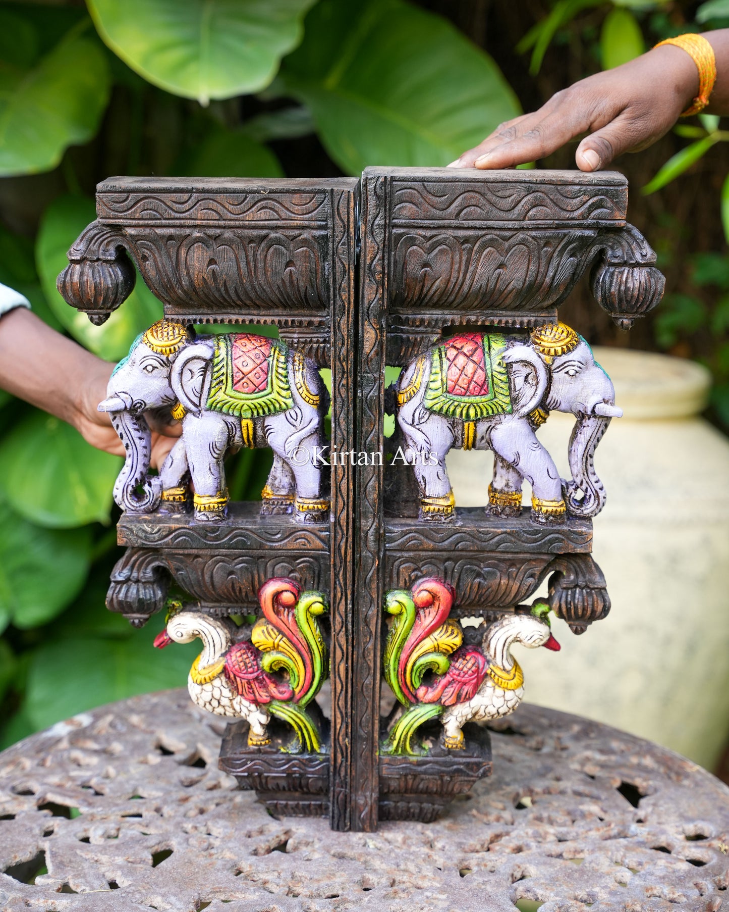 Traditional Wooden Wall Bracket Pair | Elephant and Hamsa | Watercolors | 18"