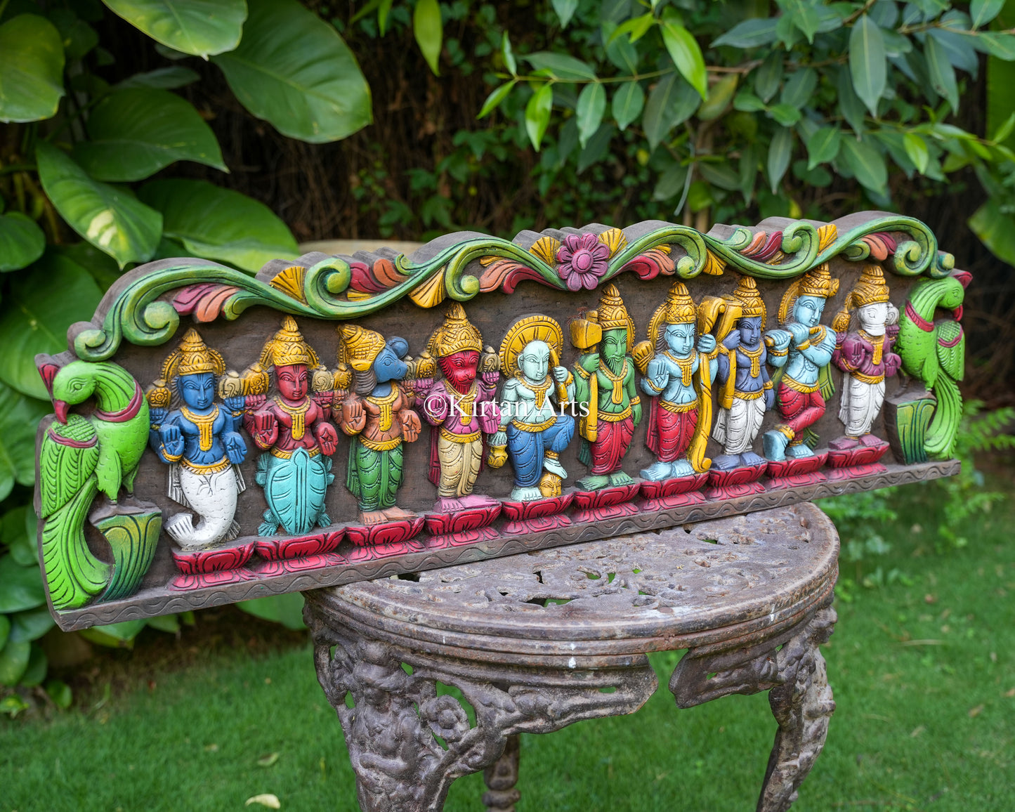 Hand-Carved Dasavataram Wooden Wall Panel | 42" | Watercolours