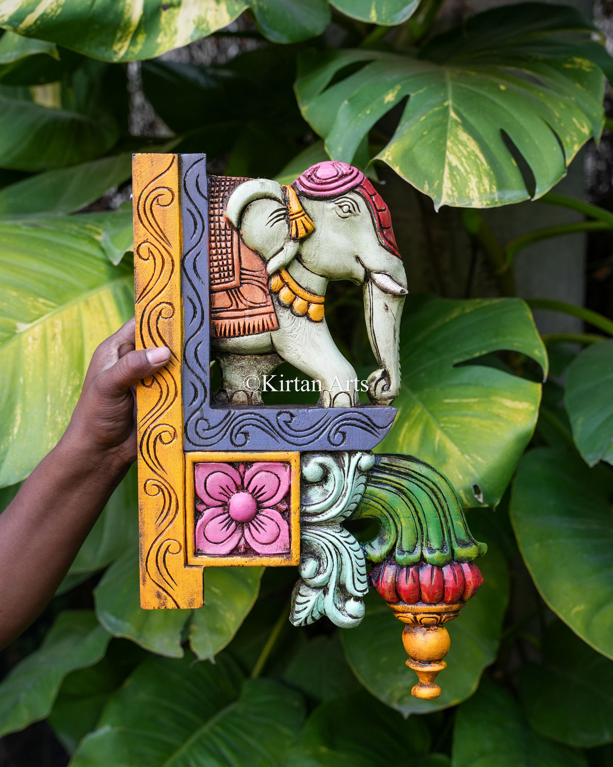 18" Hand-Carved Wooden Elephant Wall Bracket