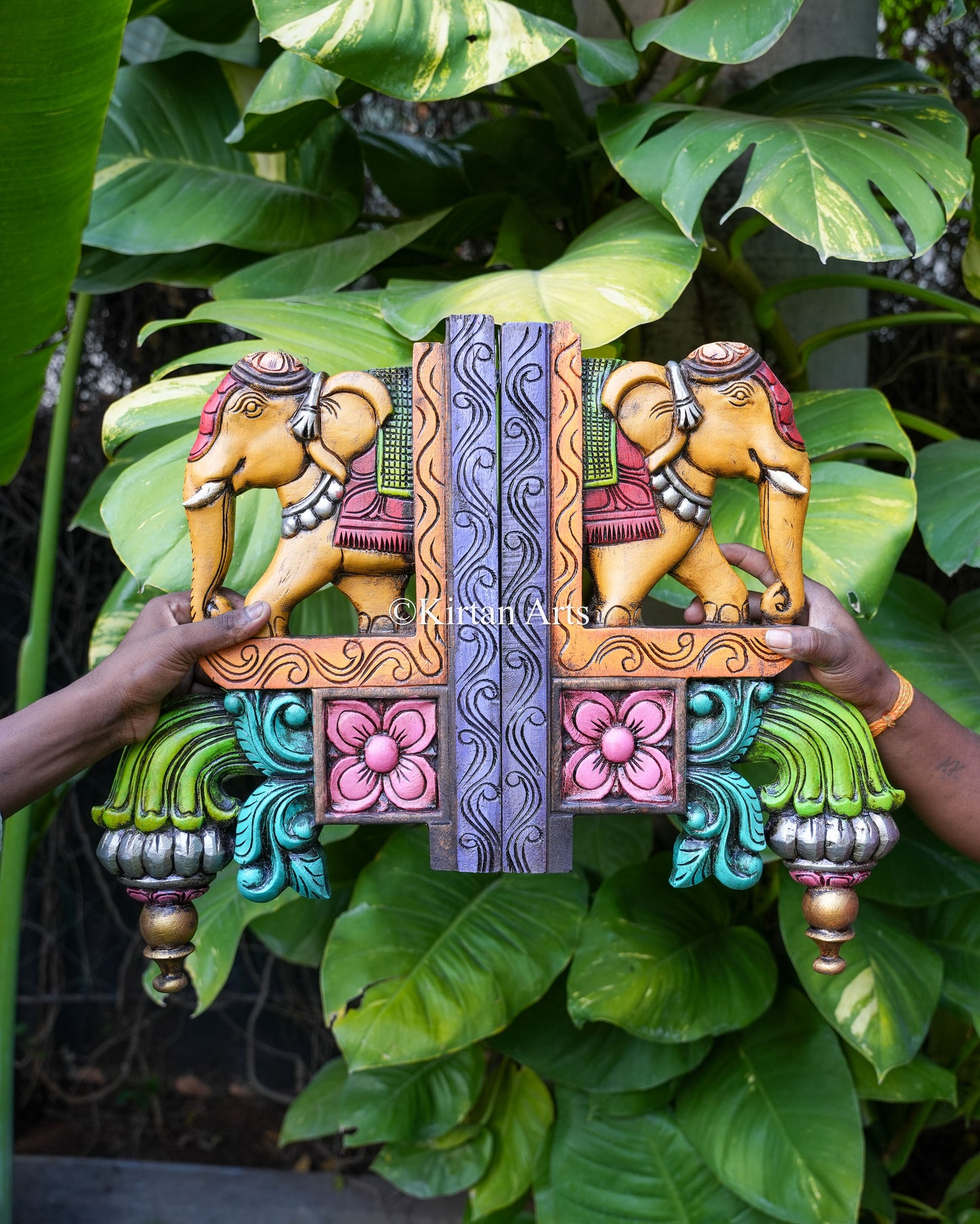 Hand-Carved Wooden Elephant Corbel Wall Bracket Pair | 18" | Watercolor | Yellow