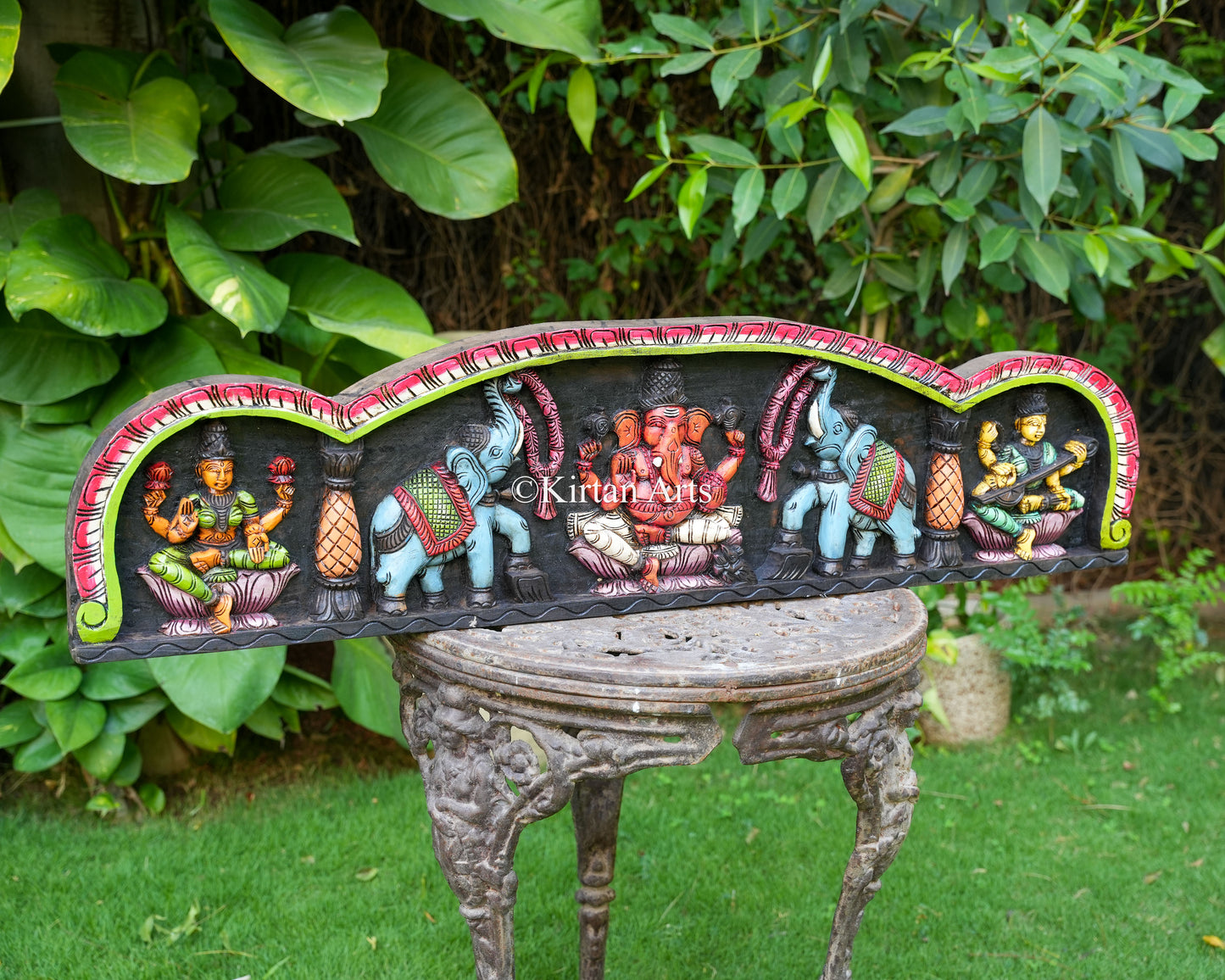 48" Hand-Carved "Divine Harmony" Wooden Wall Panel – Lakshmi, Ganesha & Saraswati with Elephant Motifs