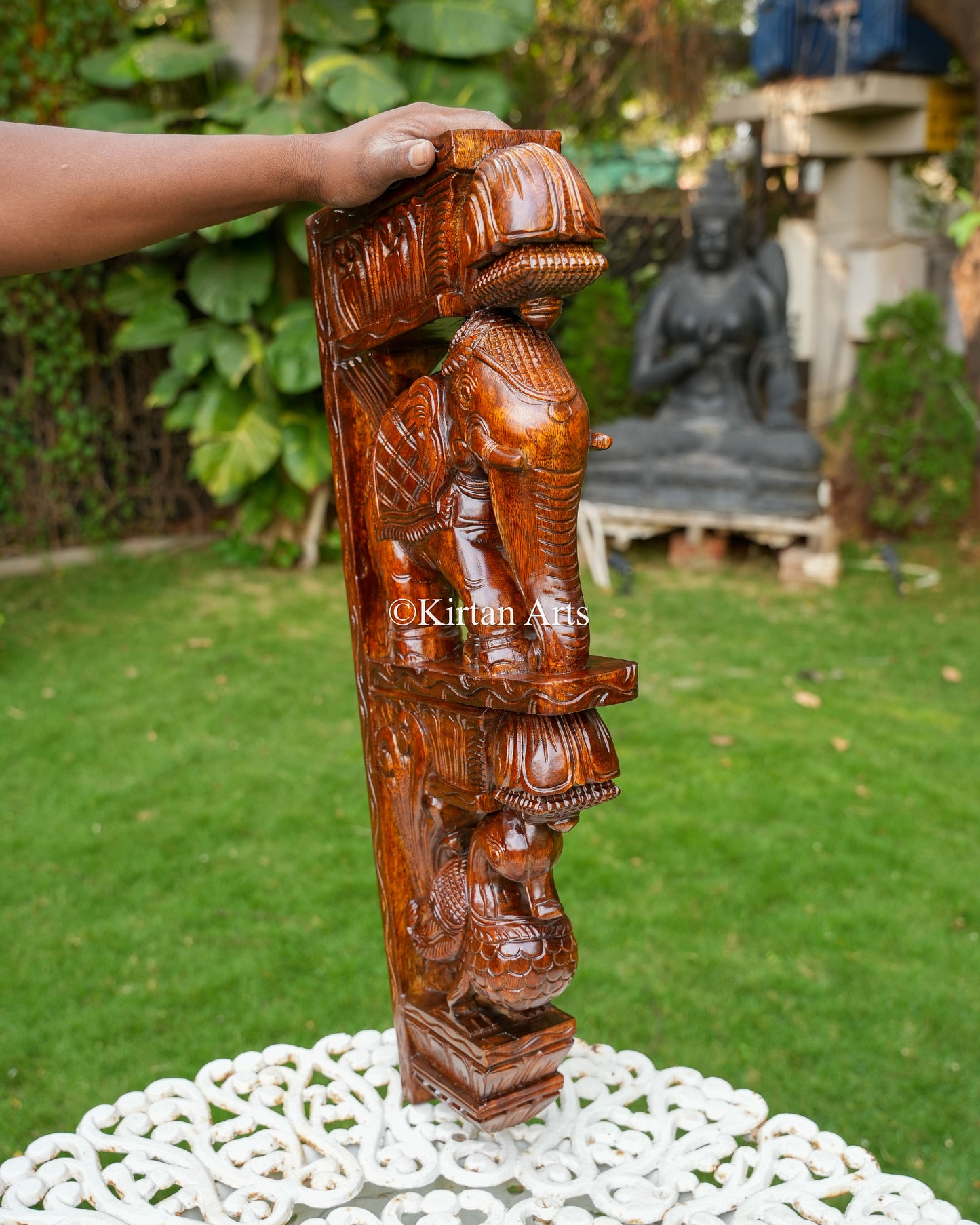 24" Hand-Carved Wooden Elephant Peacock Wall Bracket