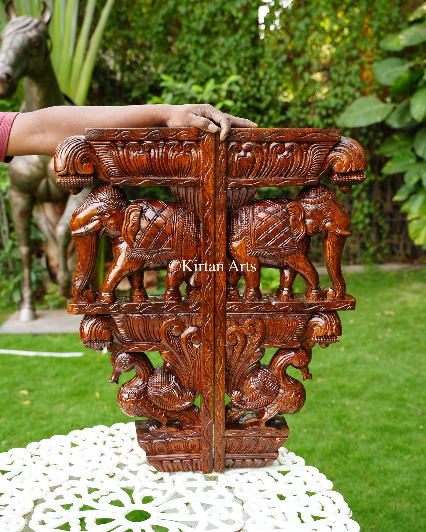 Hand-Carved Wooden Elephant & Peacock Wall Bracket (Corbel) Pair | 24"
