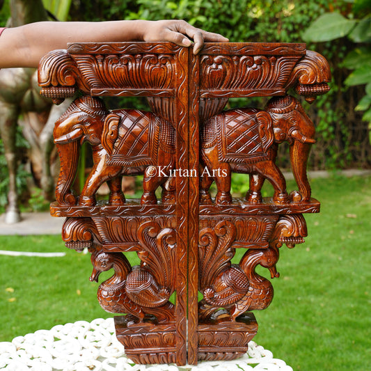 24" Hand-Carved Wooden Elephant Peacock Wall Bracket