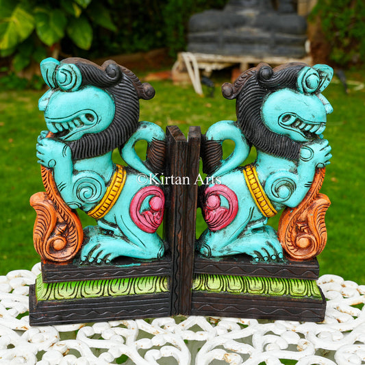 15" Hand-Carved Wooden Yali (Guardian Lion) Wall Bracket | Blue | Watercolors