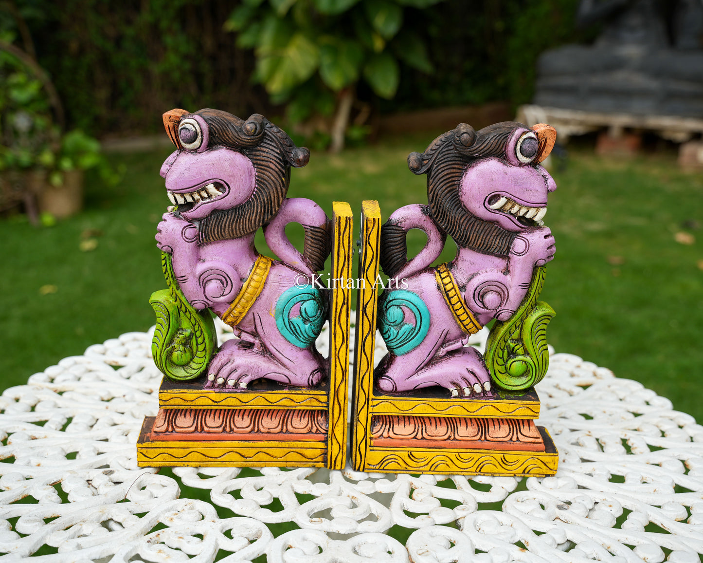 Hand-Carved Wooden Yali (Guardian Lion) Wall Bracket Pair | 15" | Purple | Watercolors
