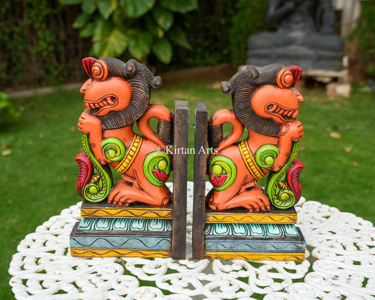 Hand-Carved Wooden Yali (Guardian Lion) Wall Bracket Pair | 15" | Red/Orange | Watercolors