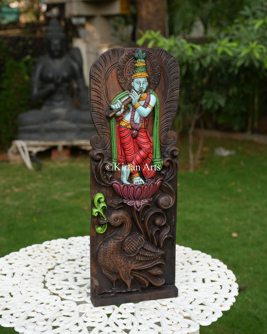 Hand-Carved Venugopal (Krishna) Wooden Wall Panel | 28"