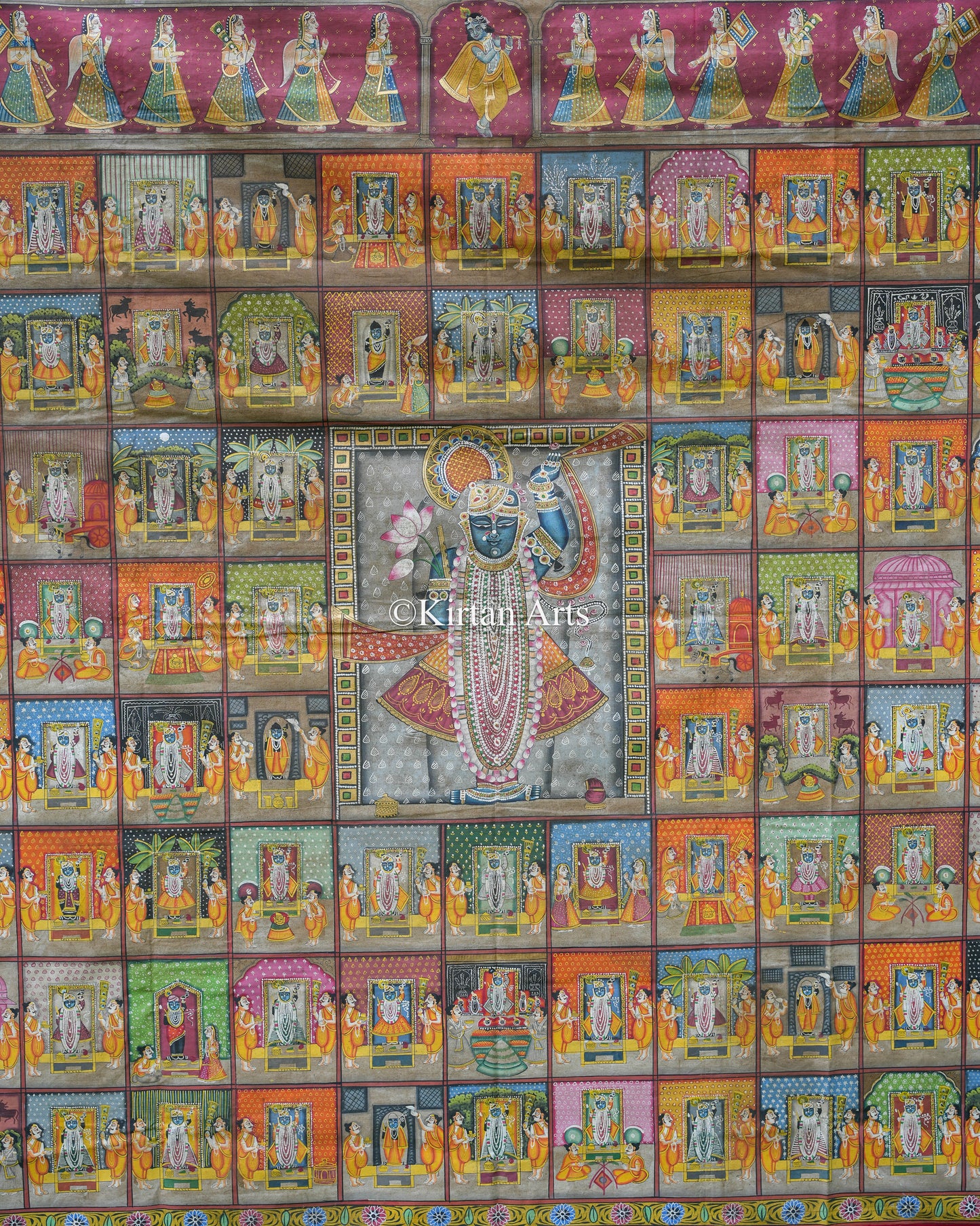 Grand 5ft x 5ft Pichwai – Shrinathji with 84 Divine Khandas (Segments) | Antique Finish
