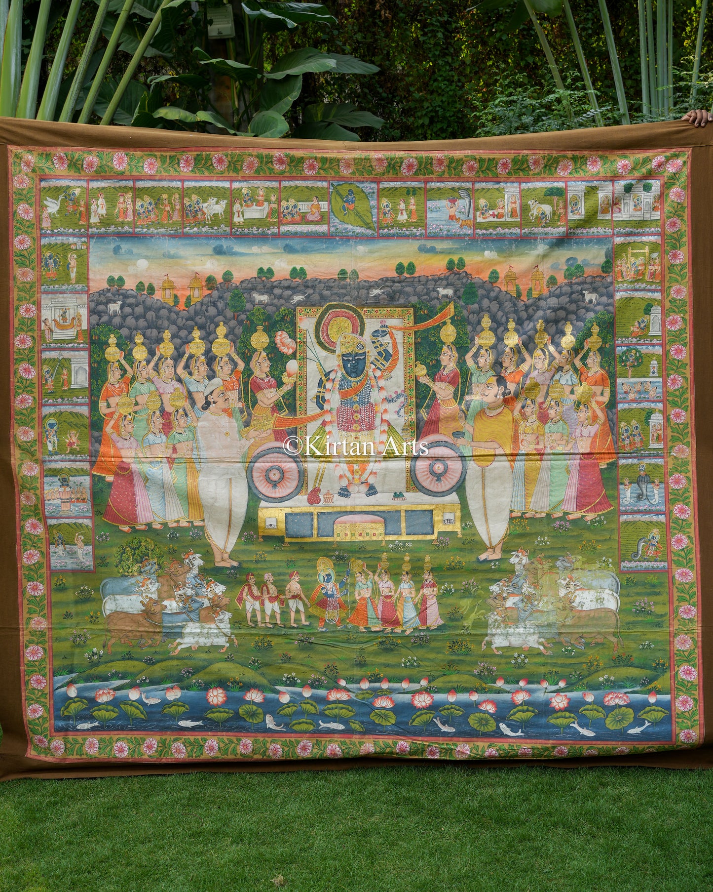Grand 7ft x 6.5ft Antique-Finish Pichwai – Shrinathji Sharad Purnima & 24 Narrative Leelas