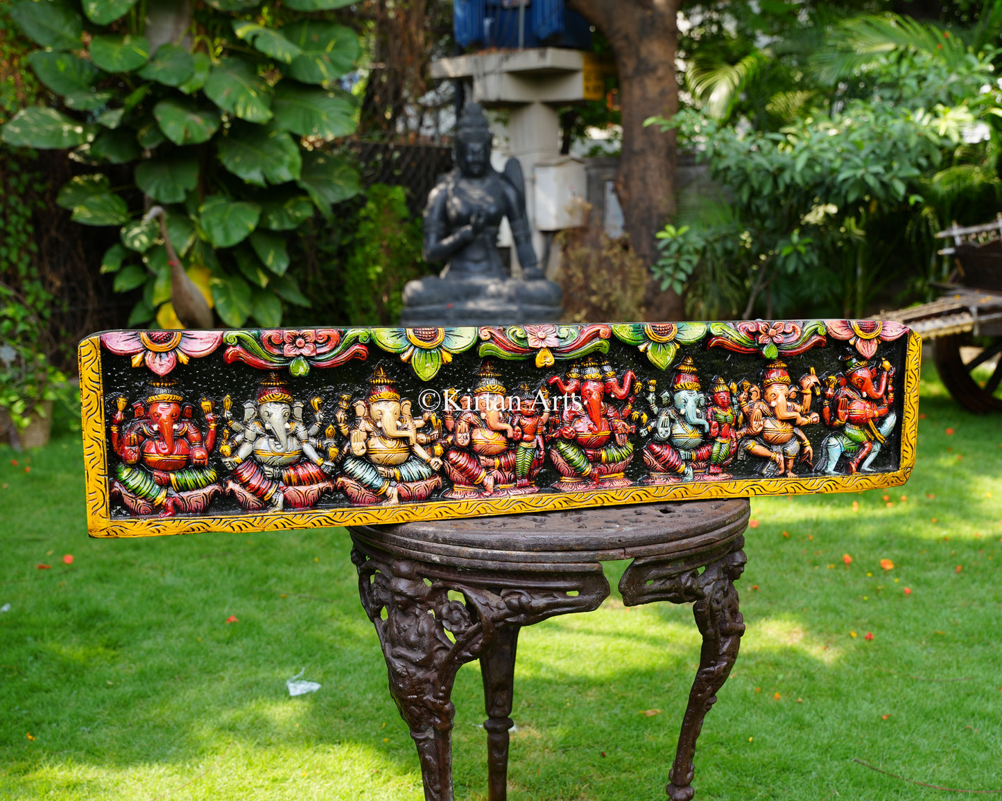 Hand-Carved Solid Wood Ashta Ganesha Panel – 48-Inch Traditional Wall Pediment Art Featuring 8 Manifestations of Lord Ganesha
