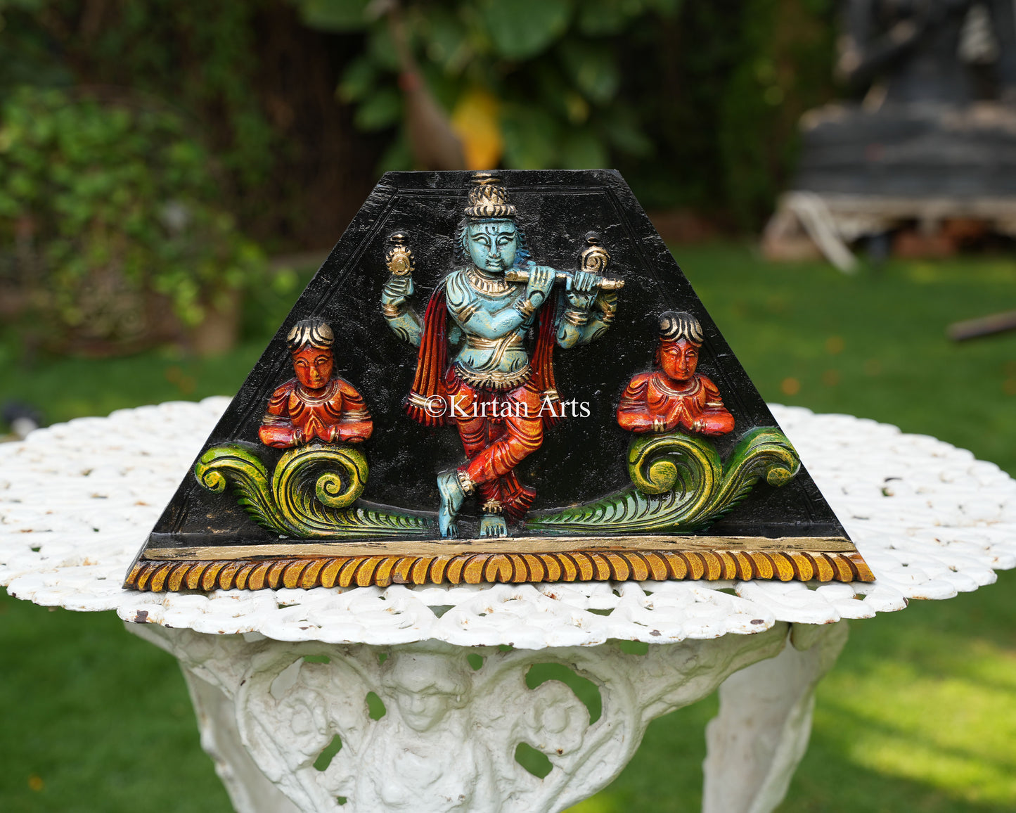 Hand-Carved Solid Wood Chaturbhuja Venugopala Panel – 18-Inch Traditional Triangular Wall Art