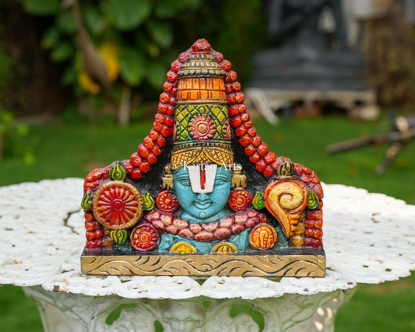 Hand-Carved Solid Wood Lord Venkateswara Face Plaque – 12-Inch Traditional Tirupati Balaji Pediment Wall Art