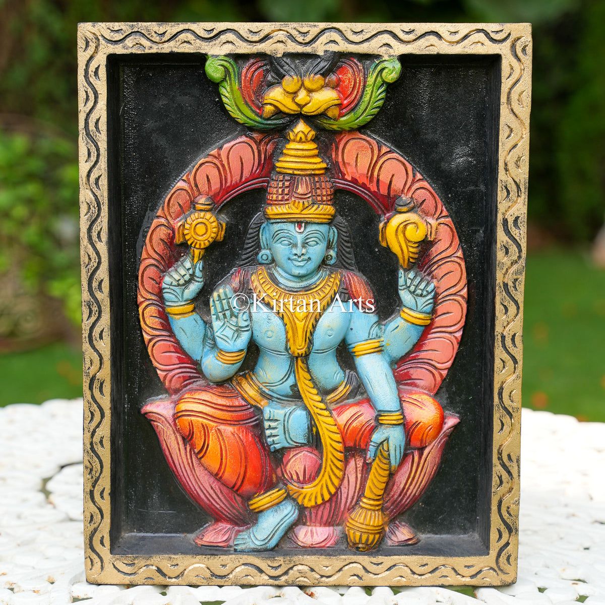 15" Hand-Carved Wood Lord Vishnu Panel
