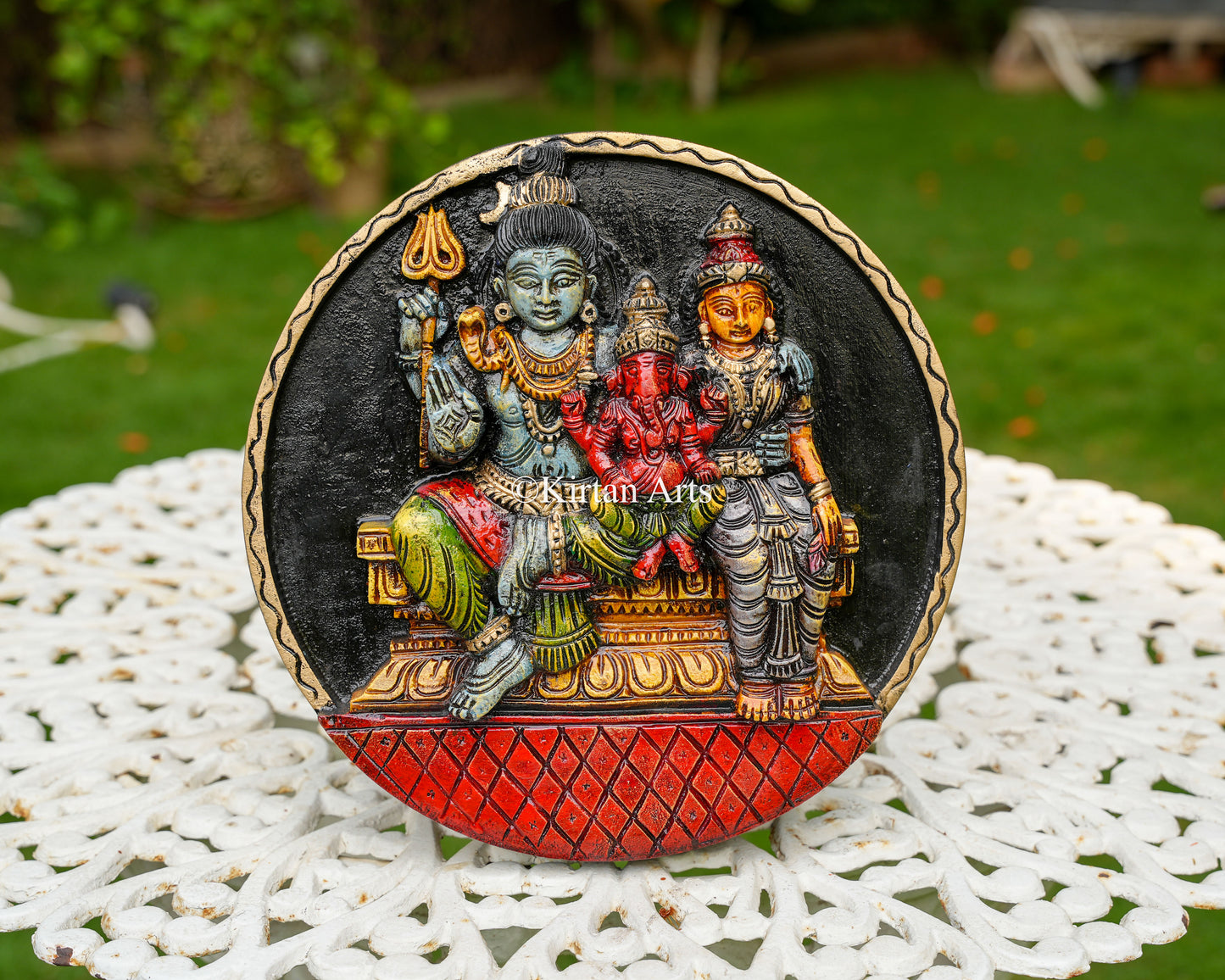 Hand-Carved Solid Wood Shiva Parivar Circular Panel – 12-Inch Traditional Shiva, Parvati, and Ganesha Polychrome Wall Plaque
