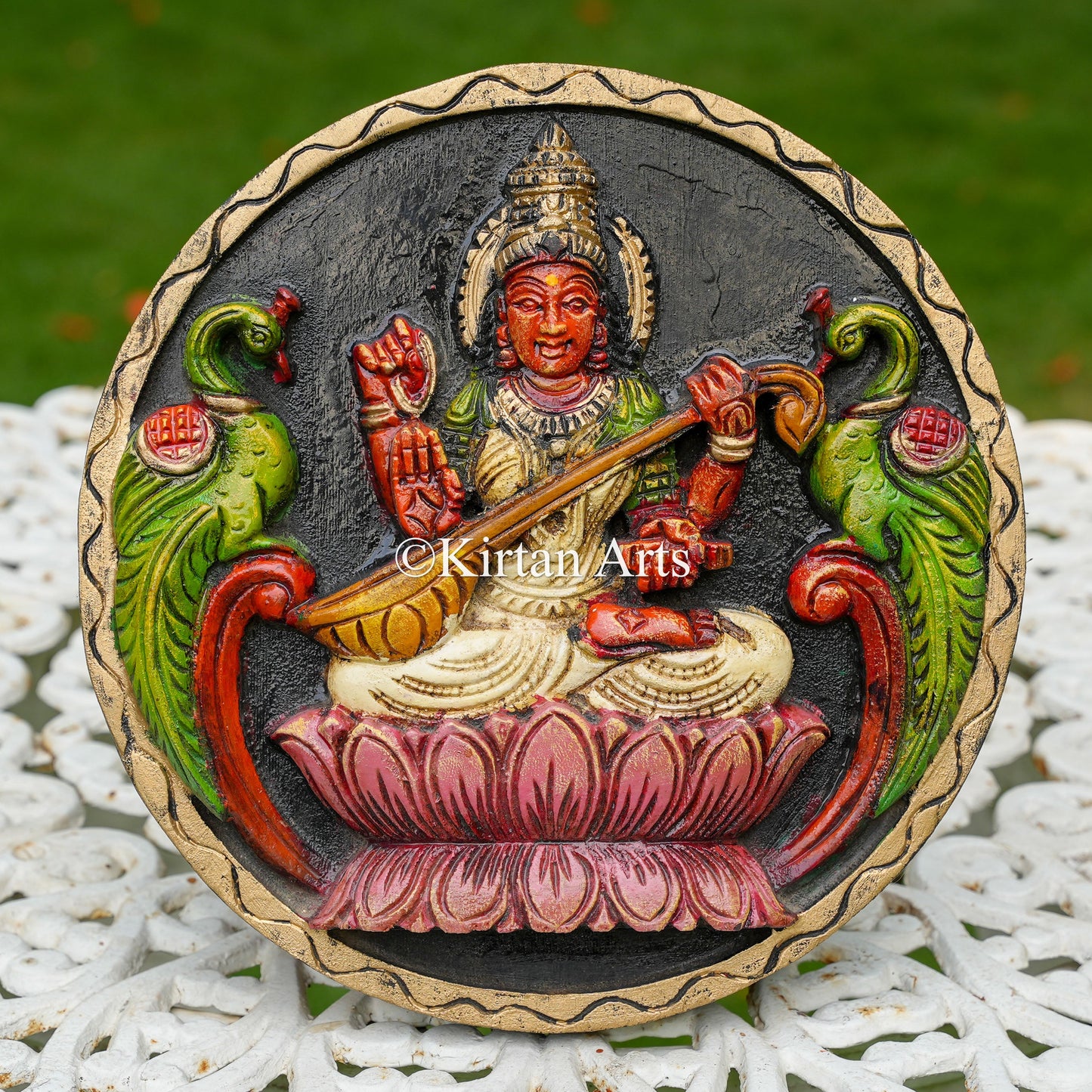 12" Hand-Carved Goddess Saraswati Circular Panel