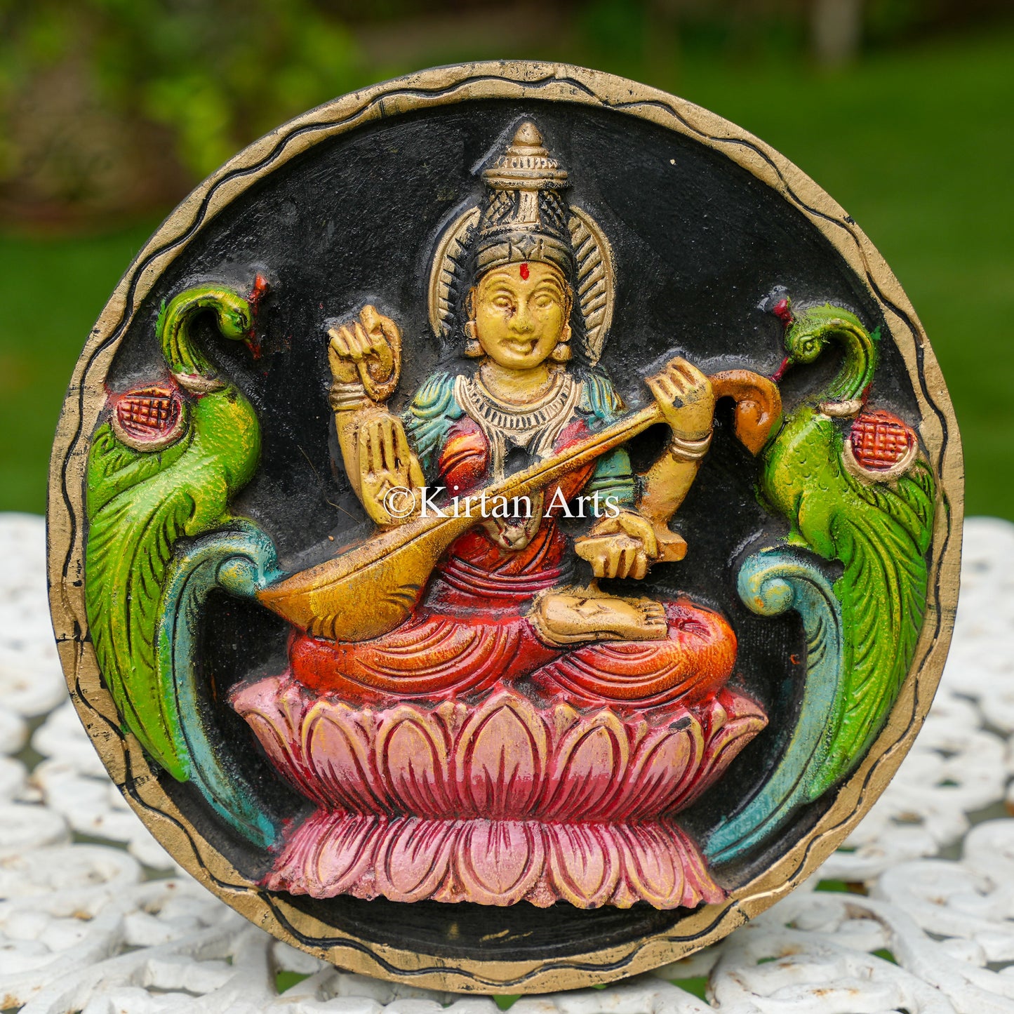12" Hand-Carved Goddess Saraswati Circular Panel