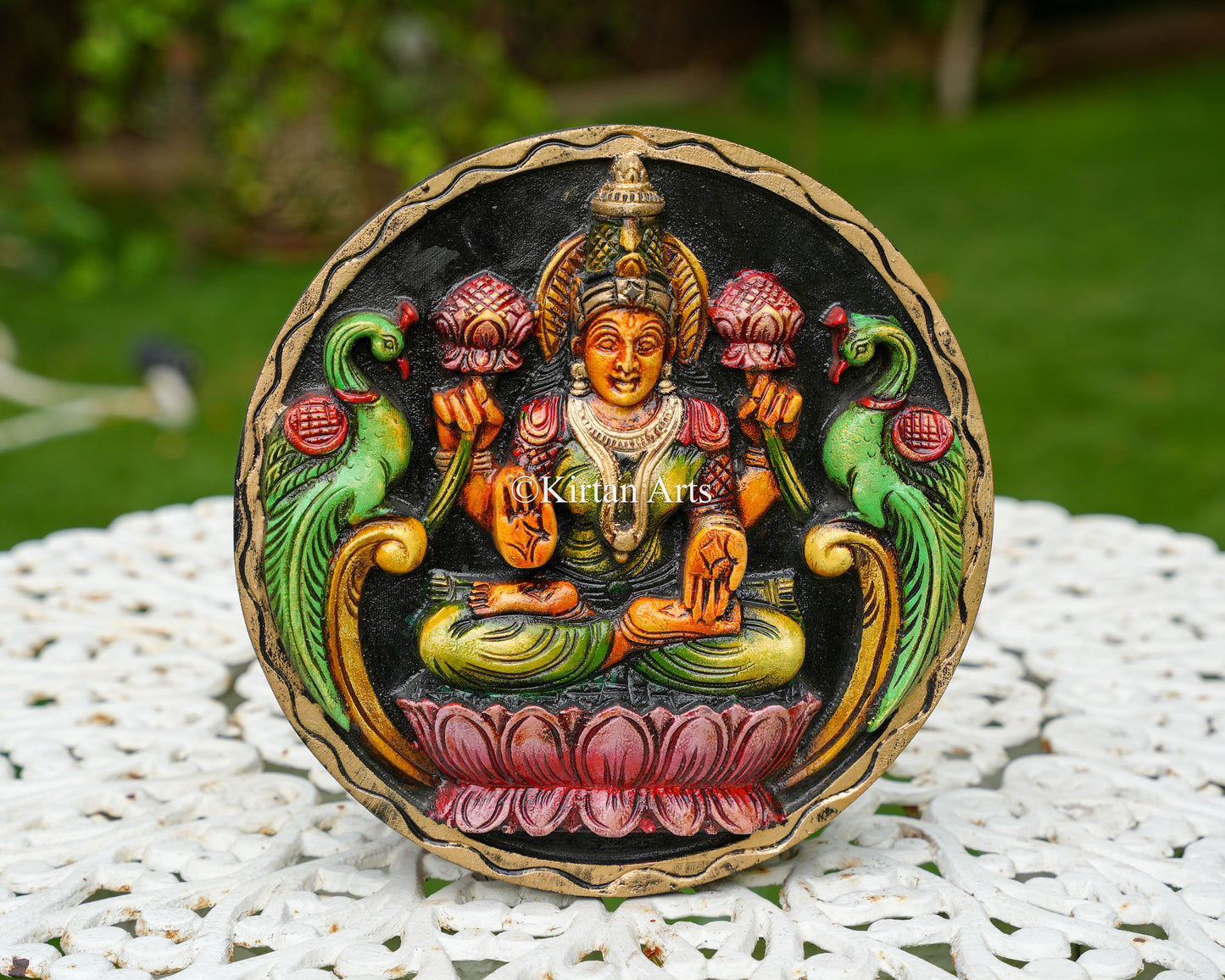 Hand-Carved Solid Wood Goddess Lakshmi Circular Panel – 12-Inch Traditional Ashta Lakshmi Polychrome Wall Plaque