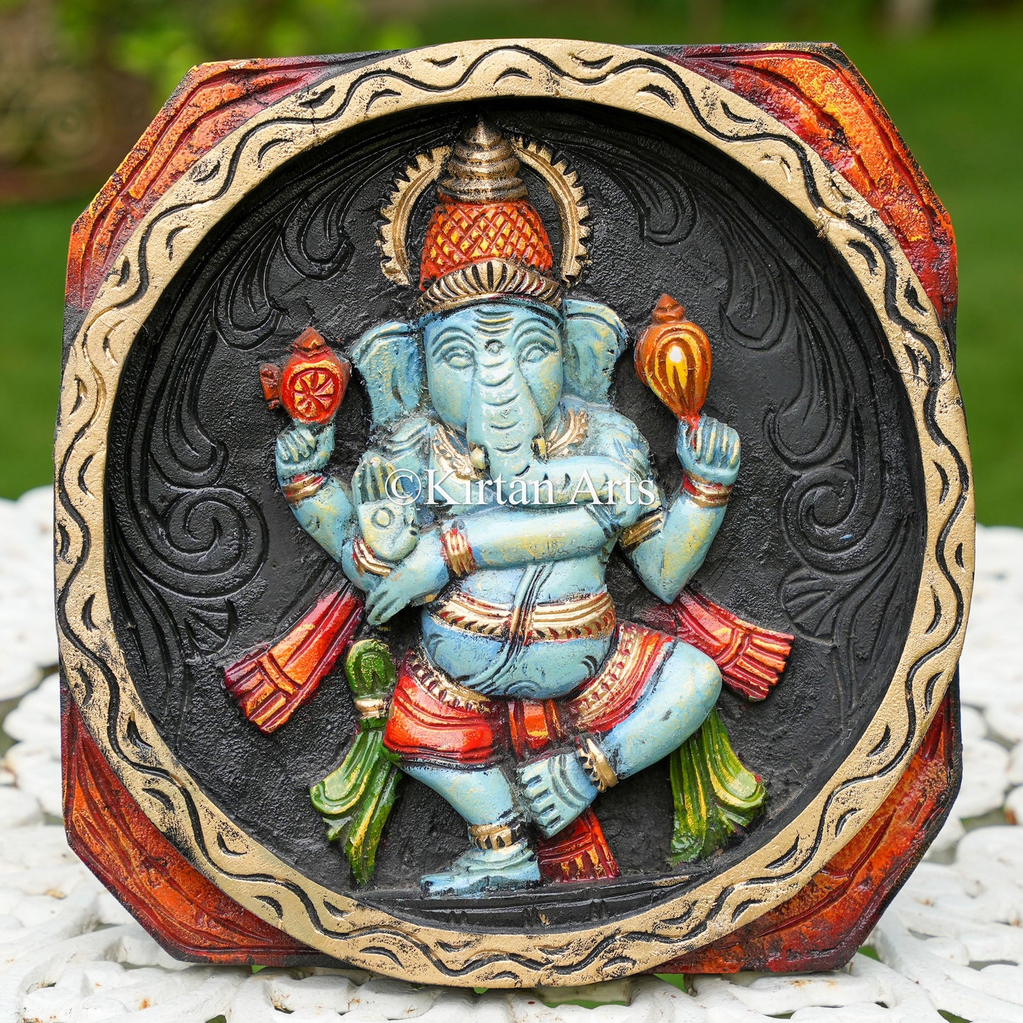 12" Hand-Carved Dancing Ganesha Panel